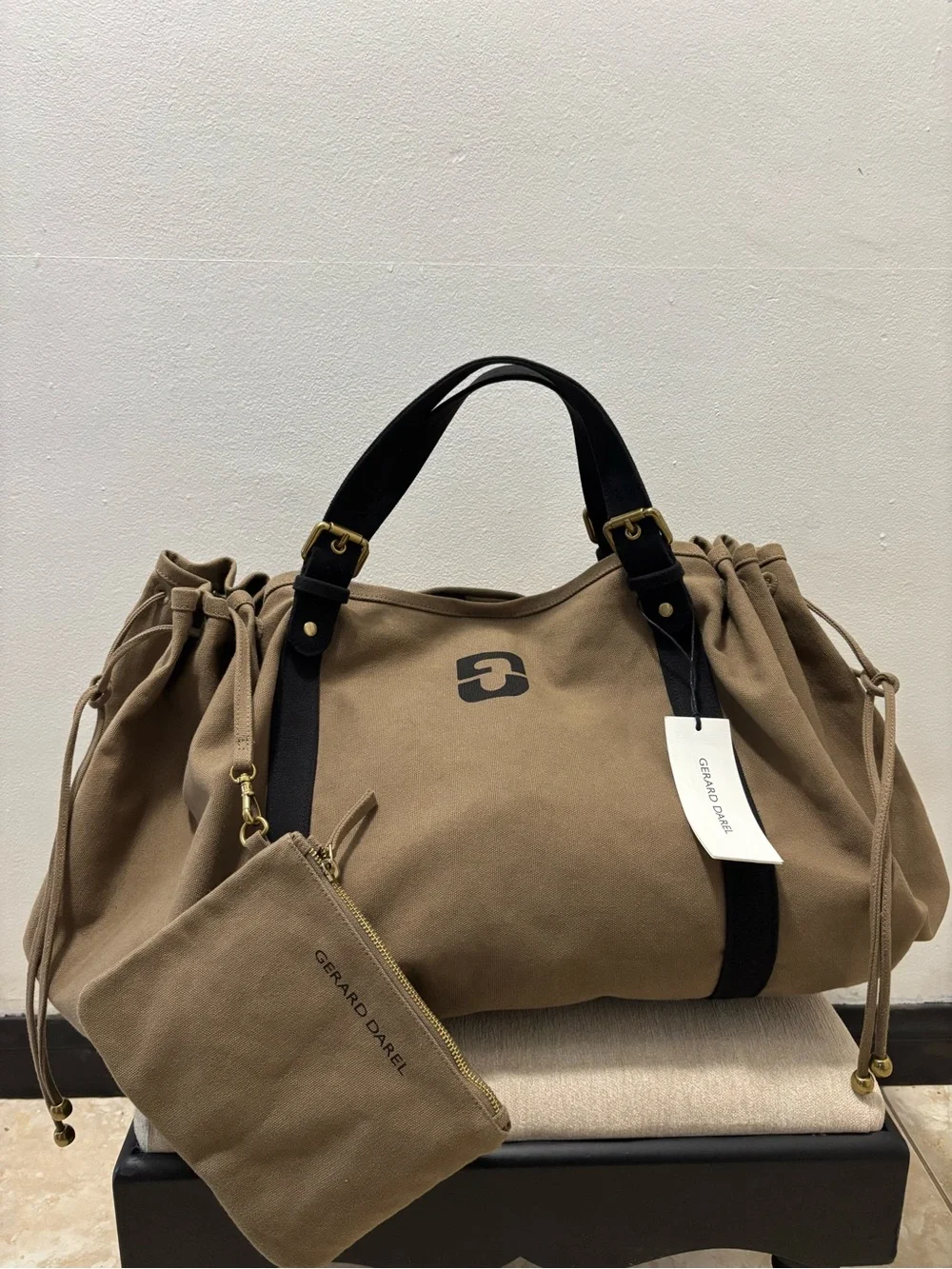 Gerard Darel Khaki Shoulder Bag with Black Straps
